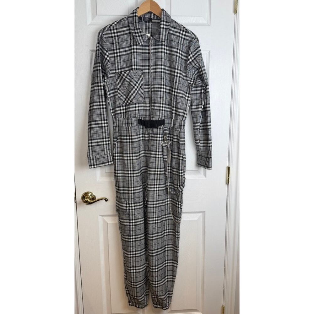 Bershka Black White Plaid Zip Front Utility Jumpsuit Belted‎ M Citycore Modern